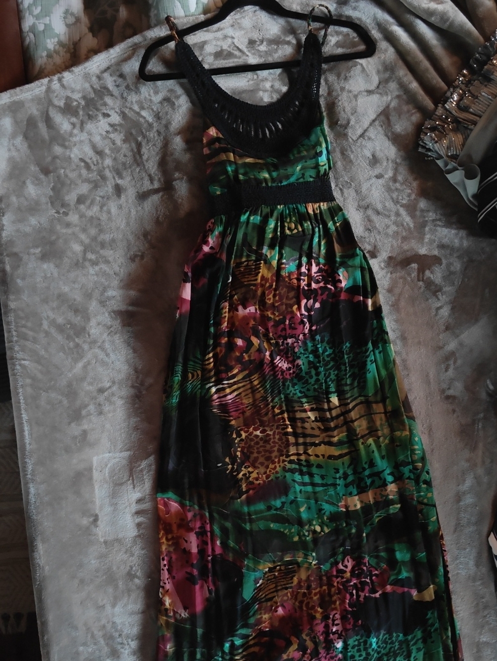 Desigual Black Green Multicolor Maxi Dress with Crochet Yoke